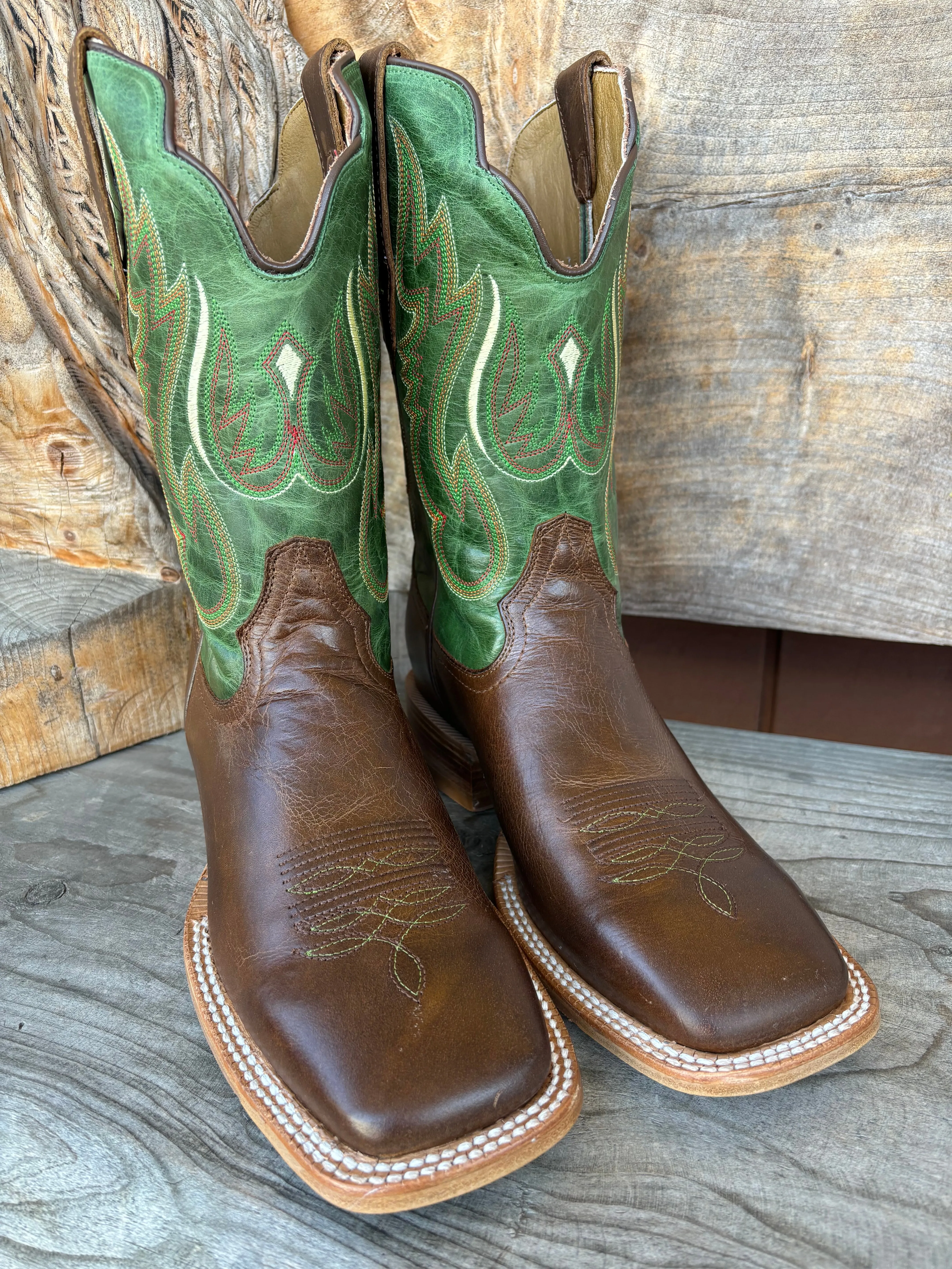 R. Watson Men's Vintage Green & Tobacco Wide Square Toe Cowboy Boots RW8034-2