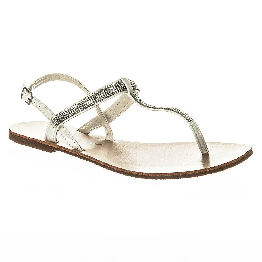 Rapunzel Flat Toe Post  Diamante T-Bar Sandal With Sling Back