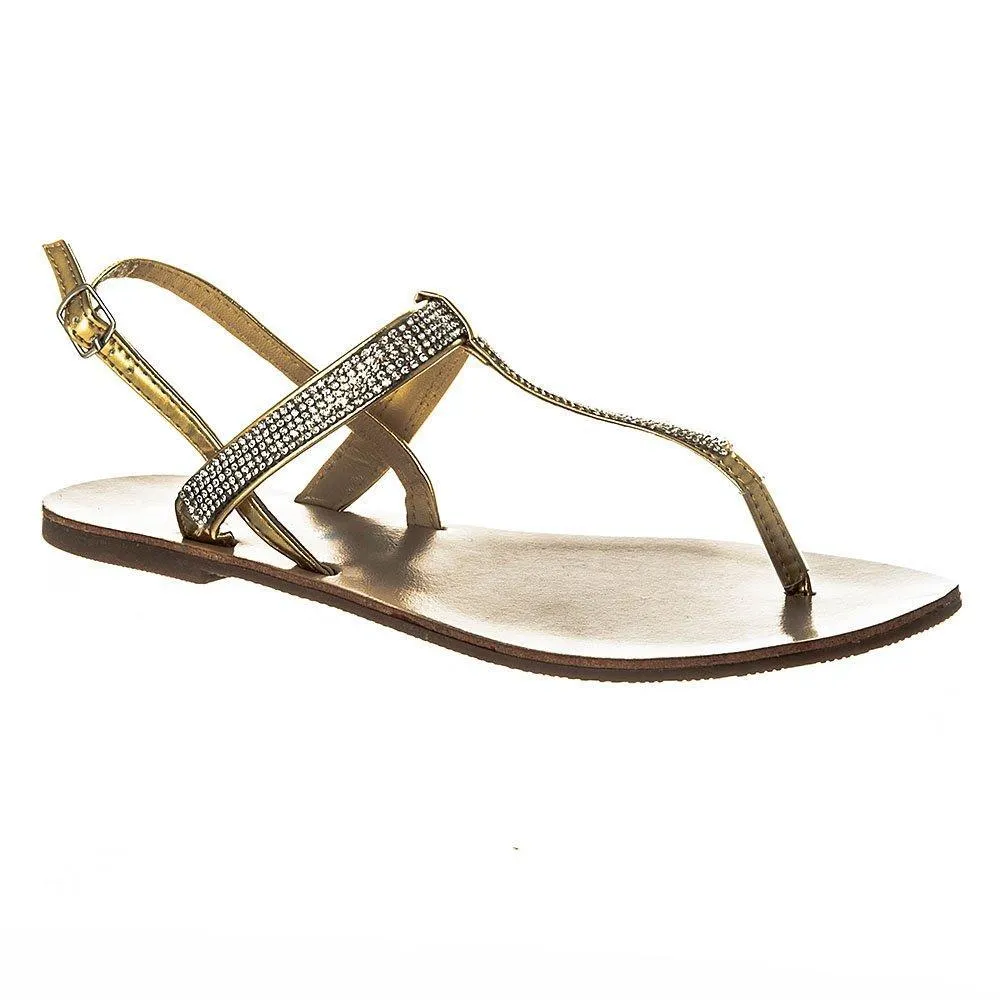 Rapunzel Flat Toe Post  Diamante T-Bar Sandal With Sling Back