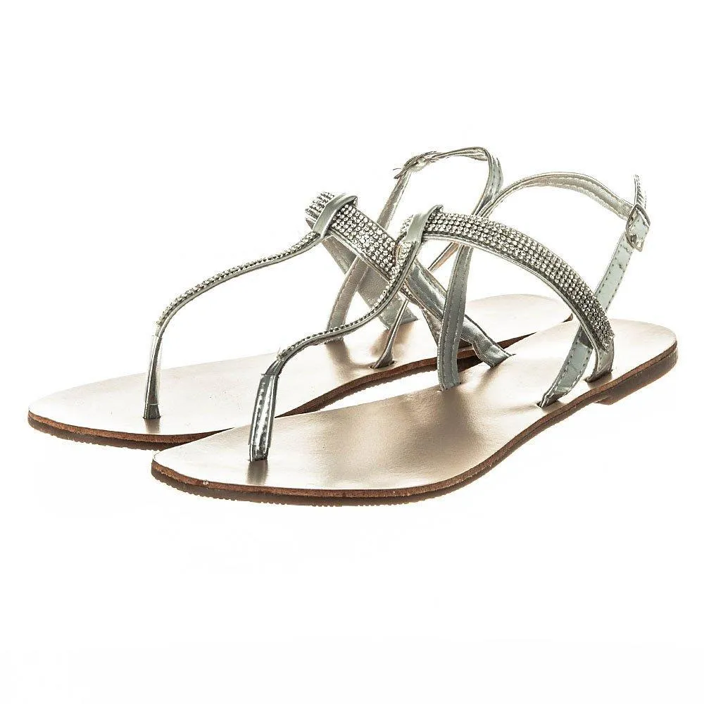 Rapunzel Flat Toe Post  Diamante T-Bar Sandal With Sling Back