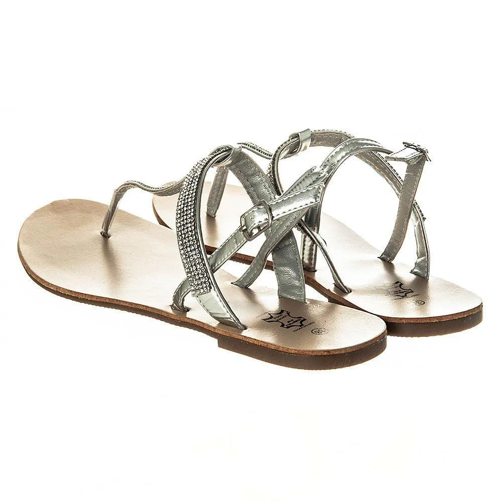 Rapunzel Flat Toe Post  Diamante T-Bar Sandal With Sling Back