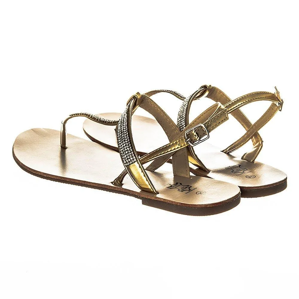 Rapunzel Flat Toe Post  Diamante T-Bar Sandal With Sling Back