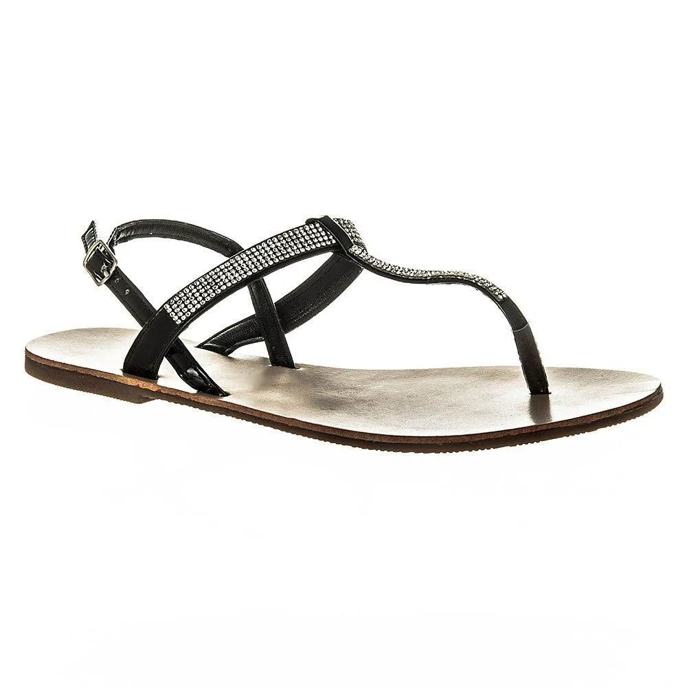 Rapunzel Flat Toe Post  Diamante T-Bar Sandal With Sling Back