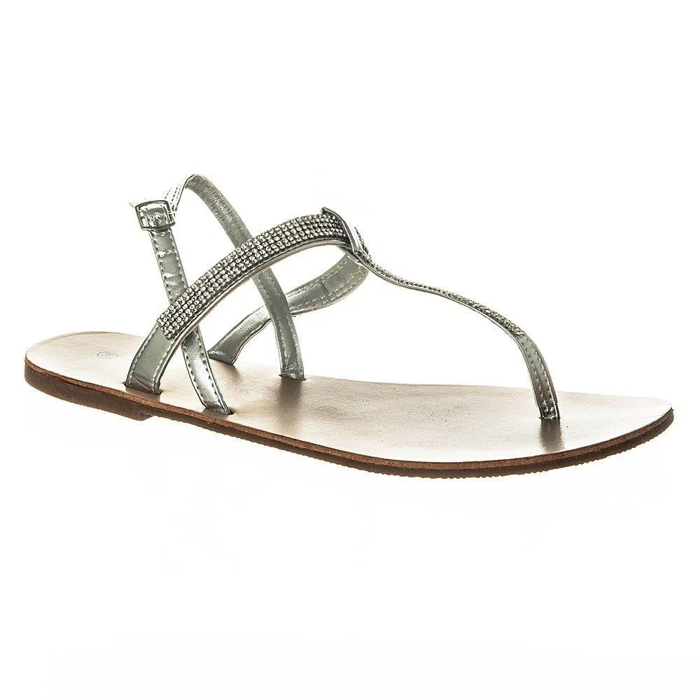 Rapunzel Flat Toe Post  Diamante T-Bar Sandal With Sling Back