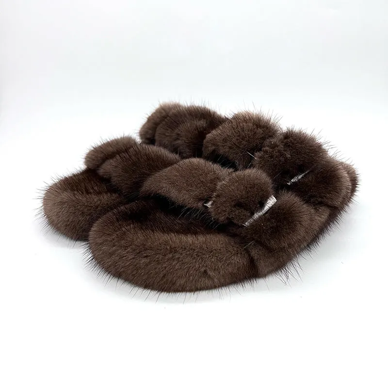 Real Mink Sandals Fur Slides Flat Slippers Ladies Outdoor Flip Flops