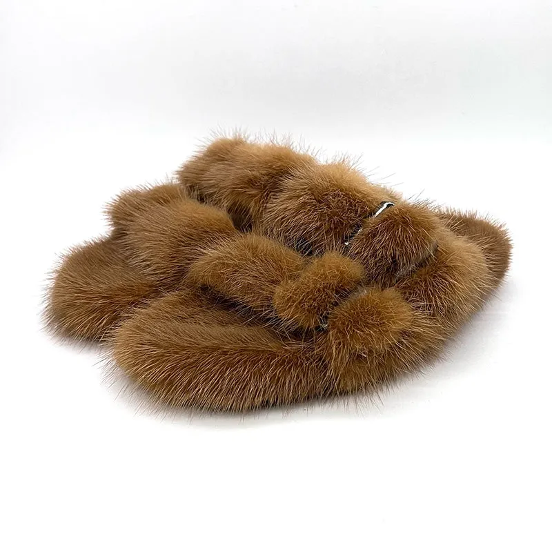 Real Mink Sandals Fur Slides Flat Slippers Ladies Outdoor Flip Flops