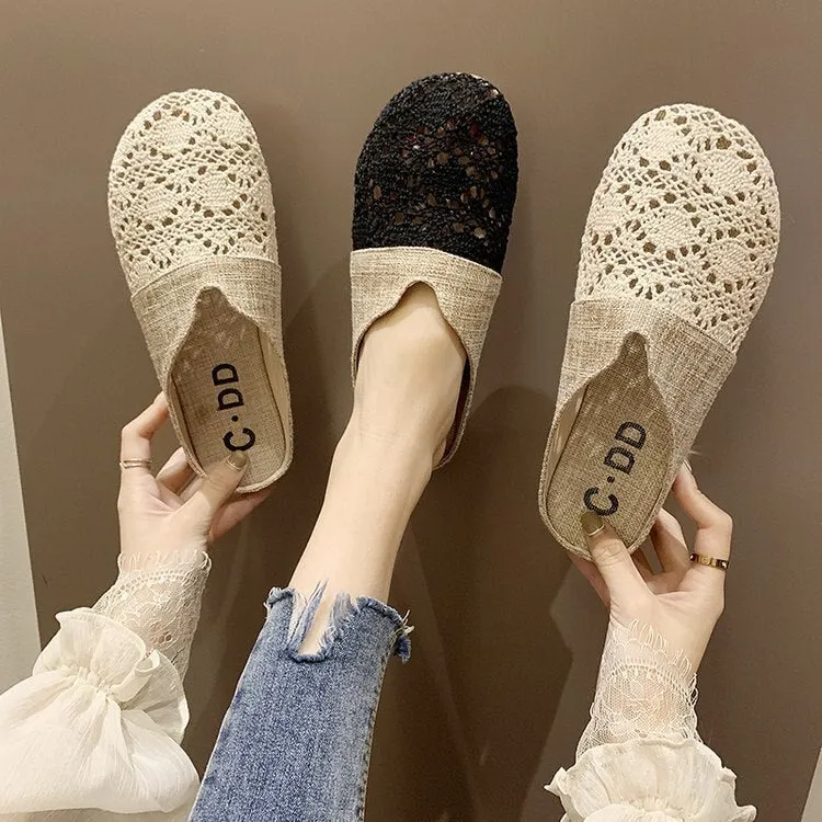 Women Sandals Summer Shoes Platform Half Slippers Heels Lace Shoes Mules Shoes Size 35-40 A115 Slides Cotton Fabric Rubber Solid