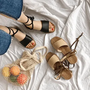 Wooden Flat Platform Summer Ankle Straps Sandals