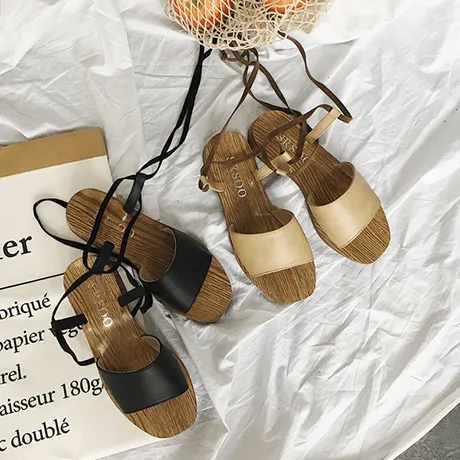 Wooden Flat Platform Summer Ankle Straps Sandals