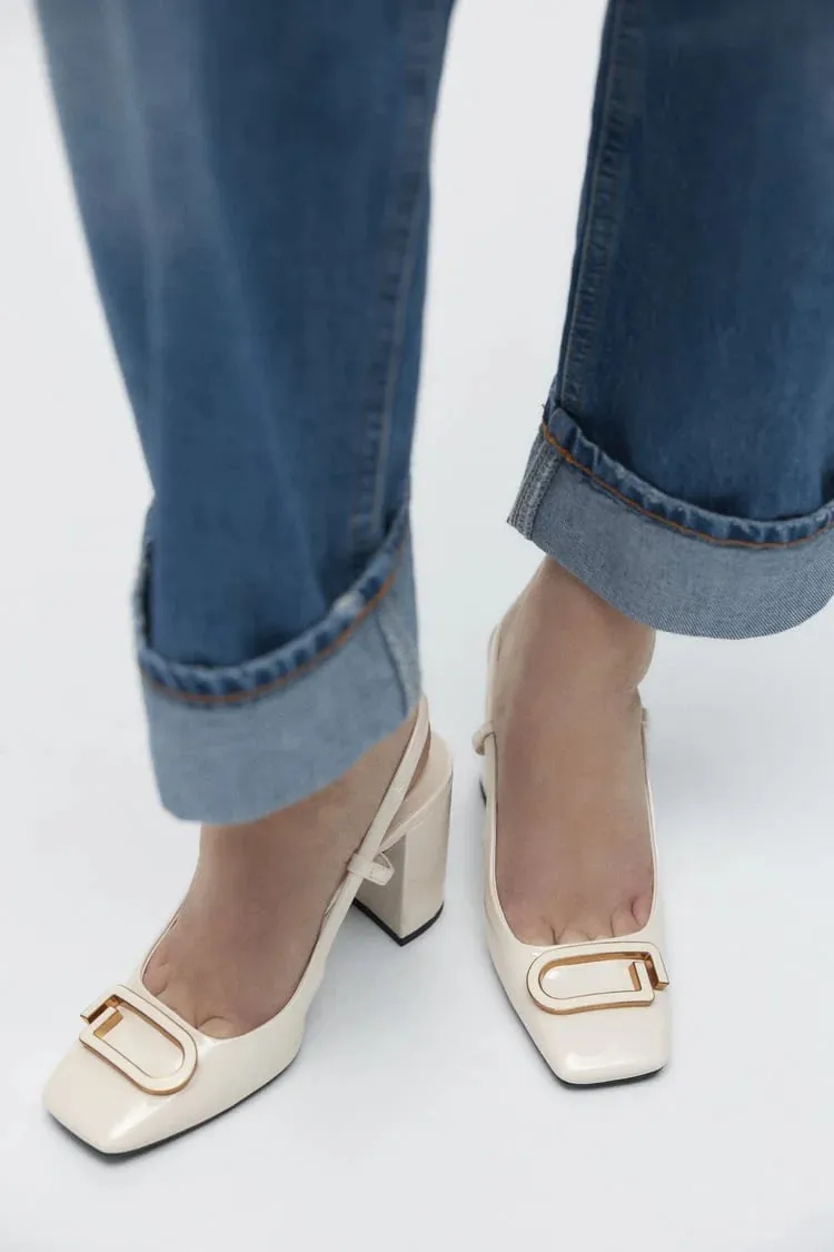 ZARA BLOCK-HEEL SLINGBACK SHOES (BEIGE)